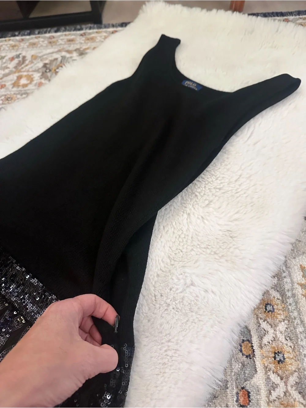 Polo Ralph Lauren Girls Black Knit Drop-Waist Sequin Pleated Dress L/XL Pristine